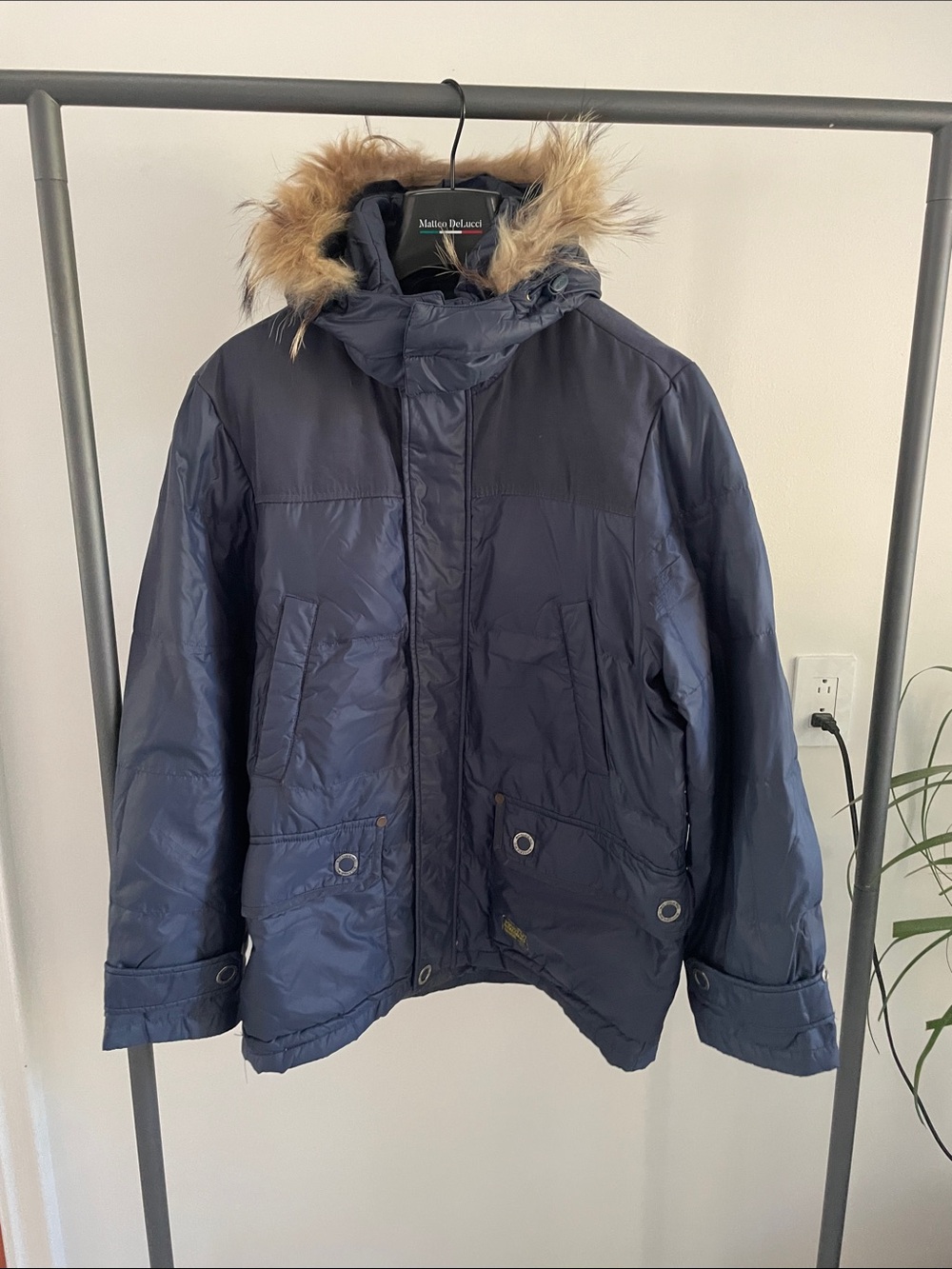 Men's Navy Real Fur-Trim Hooded Winter Down Jacket